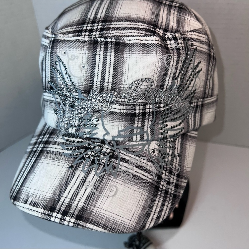 Vintage Harley-Davidson Bikers Cap, Sparkly Logo of Gems, Plaid Design